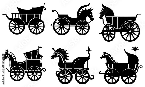 Enchanting collection of vintage horse-drawn carriages, perfect for fairy tales, historical reenactments, or adding a touch of classic elegance to your design