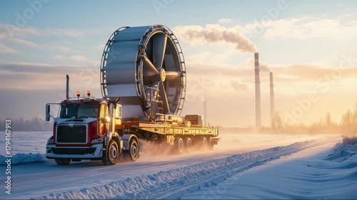 Trucking a large fan through a snowy landscape near industrial buildings at sunset