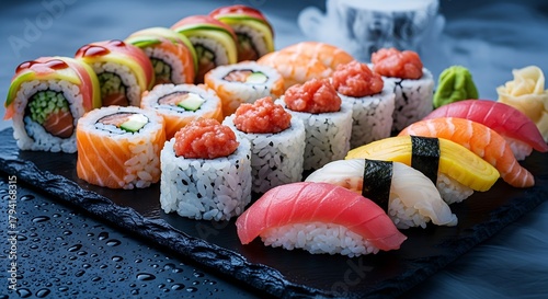 A cinematic close-up of assorted sushi rolls placed on a cold slate stone surface with subtle condensation and dry ice mist in the background