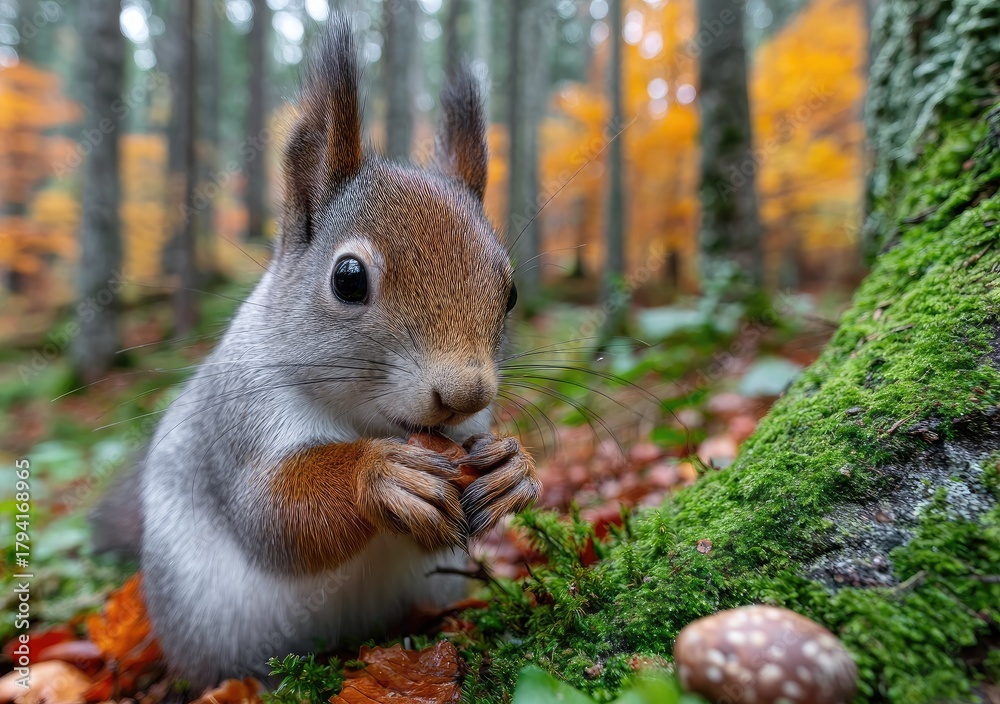 Naklejka premium squirrel eating an acorn in a forest, during autumn