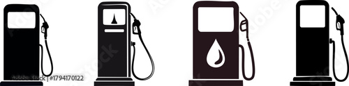 A collection of four fuel pump icons in different designs, showcasing various styles and colors.