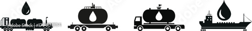 Icons depicting transportation methods for liquid cargo, featuring a truck, trailer, barge, and ship, all with a droplet symbolizing liquid contents.