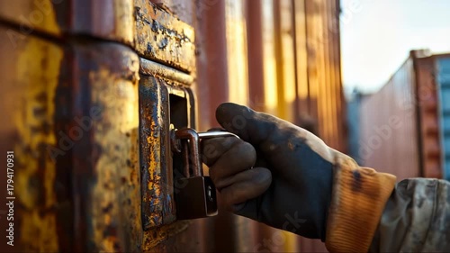 Worker unlocking a shipping container at a busy dock during late afternoon