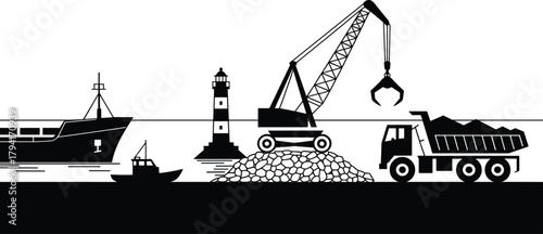 Coastal construction, marine engineering, lighthouse, crane vehicle, dump truck, harbor development, rock placement, shoreline work, maritime infrastructure, 
