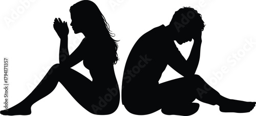 Emotional silhouette, relationship conflict, mental health, stress posture, black and white, body language, personal distress, back-to-back figures, depression concept, anxiety, isolation, tension