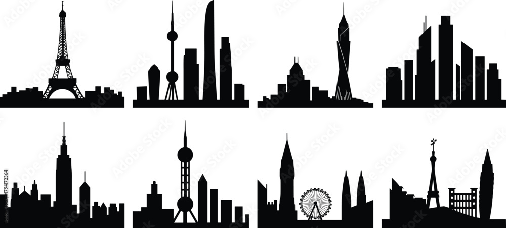 Naklejka premium Global city skylines, architectural silhouettes, iconic landmarks, cultural symbols, black and white, travel illustration, famous buildings, vector style, minimal 