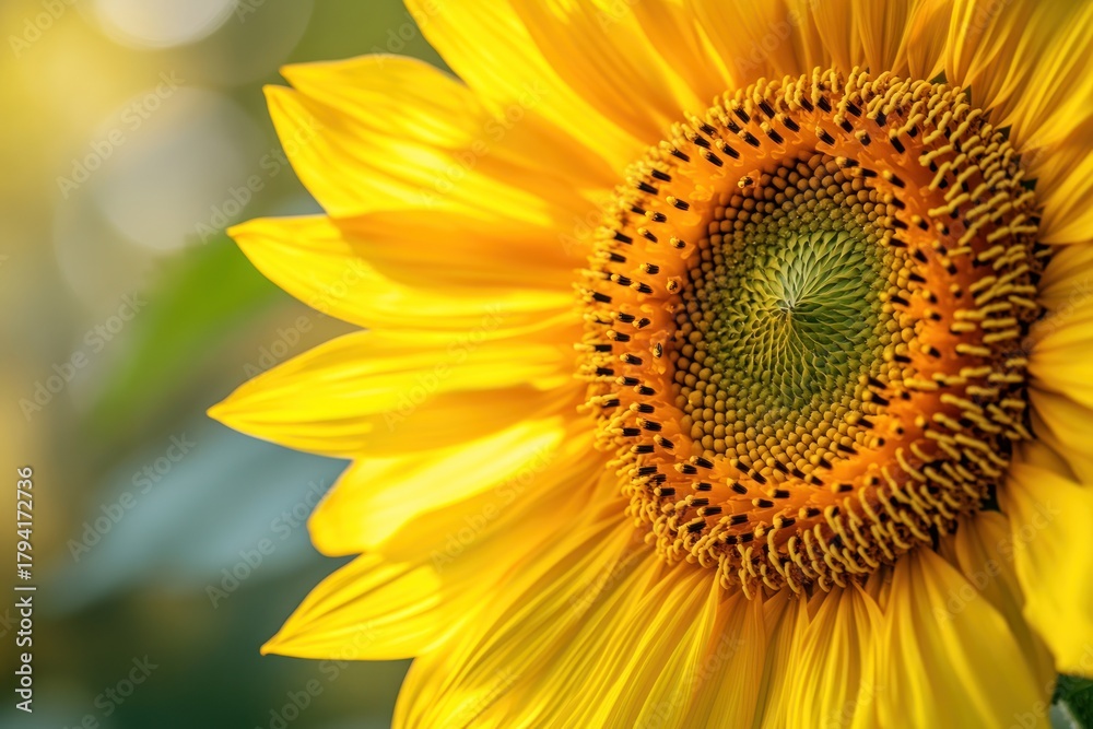 Naklejka premium A vibrant sunflower with a large, round center and bright yellow petals, surrounded by a field of green grass under a clear blue sky.