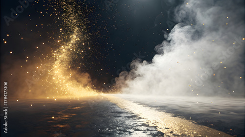 Explosion of golden sparks meets billowing white smoke on wet ground