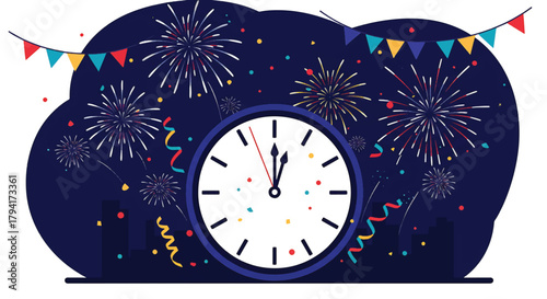 Festive New Year's Eve Celebration with Midnight Clock, Dazzling Fireworks, and Colorful Bunting under a Starry Sky