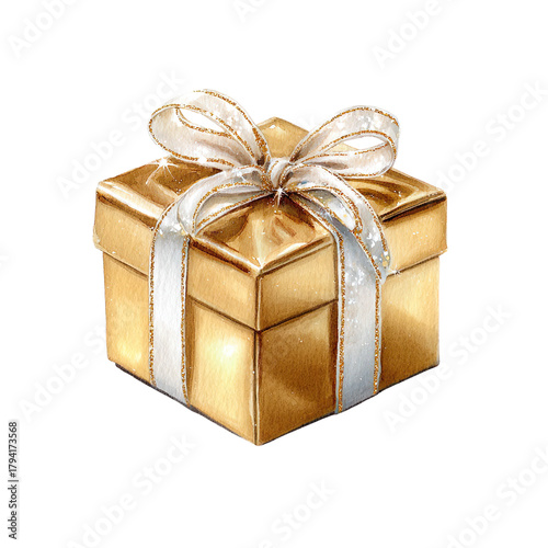 透明背景（png）にリボンのついた金色のプレゼント箱のイラスト
