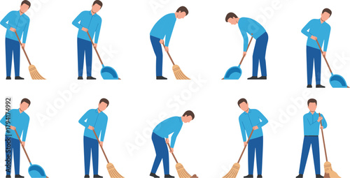 Sweeping floor sequence, broom and dustpan illustration, cleaning process steps, debris collection, household chore, person in action, blue shirt, educational concept, cartoon style