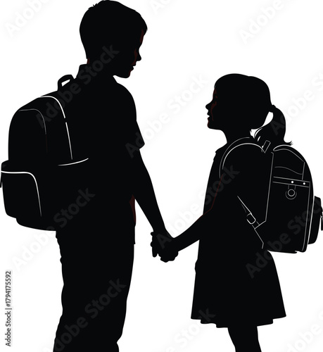 Silhouette of two school children holding hands wearing backpacks, symbolizing friendship, education, childhood connection, togetherness, and learning journey vector illustration