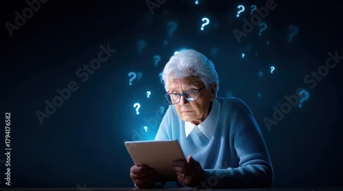 Confused Senior Woman Holding Digital Tablet with Floating Question Marks