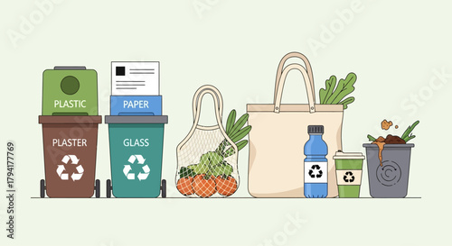 Eco-friendly lifestyle featuring recycling bins, reusable shopping bags, and compost, promoting sustainability and environmental awareness for a greener planet