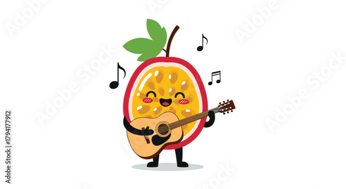 A happy passion fruit character joyfully plays the guitar and sings a song.