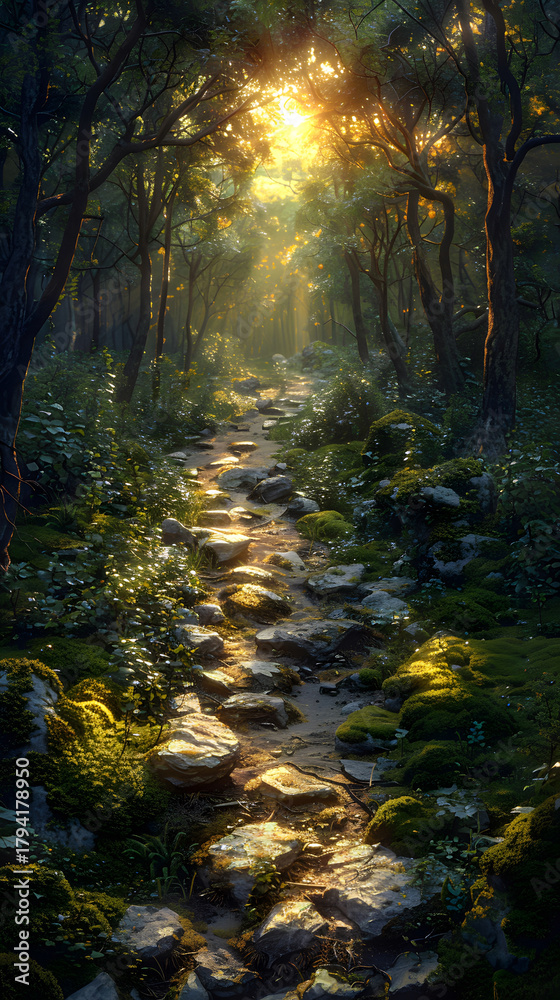 Obraz premium forest trail illuminated by soft golden light with mossy stones and dense greenery