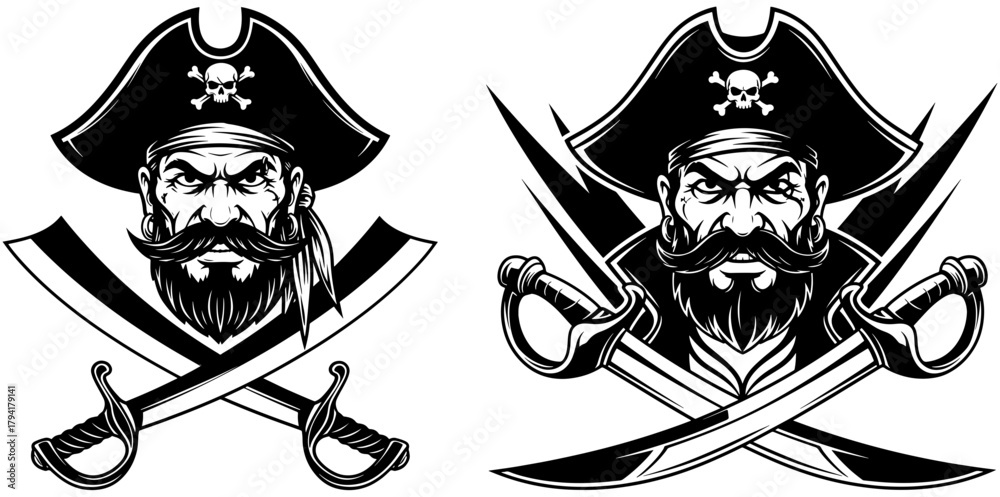 Αυτοκόλλητο Two fierce pirate captain with crossed swords and skull and crossbones on hat