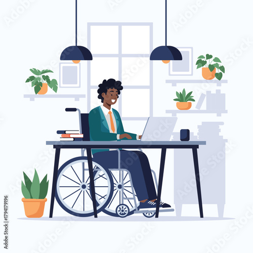 Illustration of a man in a wheelchair working at a desk with a laptop.