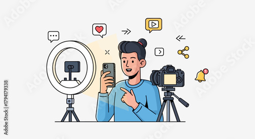 Trendy influencer creates online content with ring light and professional camera, boosting social media presence and engaging with followers in digital marketing