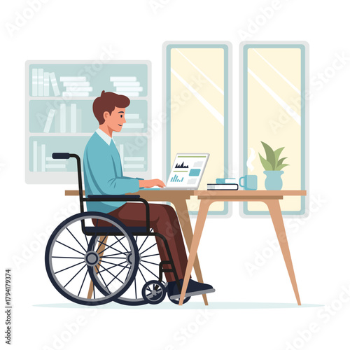 Man in wheelchair working on laptop at desk in bright room.
