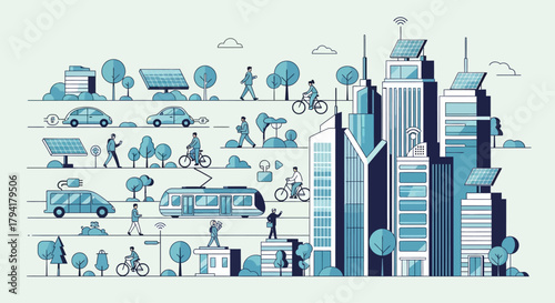 Sustainable city living with eco-friendly transportation and renewable energy showing a modern urban lifestyle and a commitment to environmental responsibility
