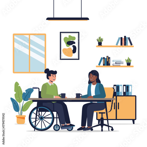 Illustration of two women in an office, one in a wheelchair.
