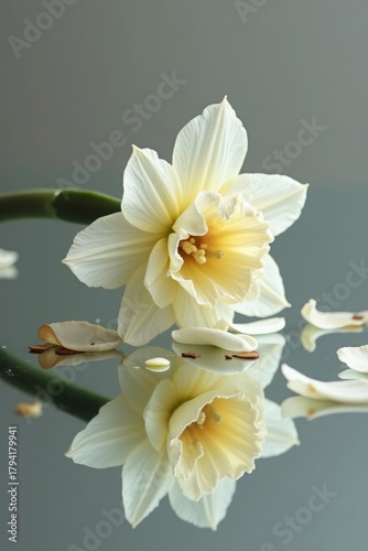 White Lily with Soft Petals Reflected on Round Mirror in Minimal Aesthetic Still Life