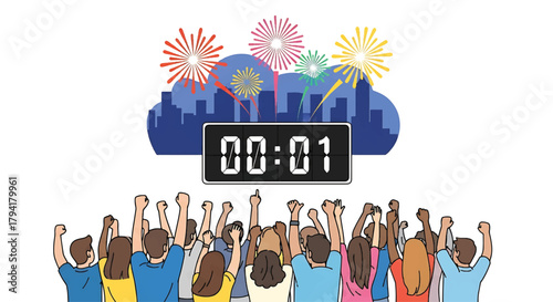 Excited group of people cheering and celebrating as a digital countdown timer approaches zero, with colorful fireworks illuminating the city skyline in a festive illustration