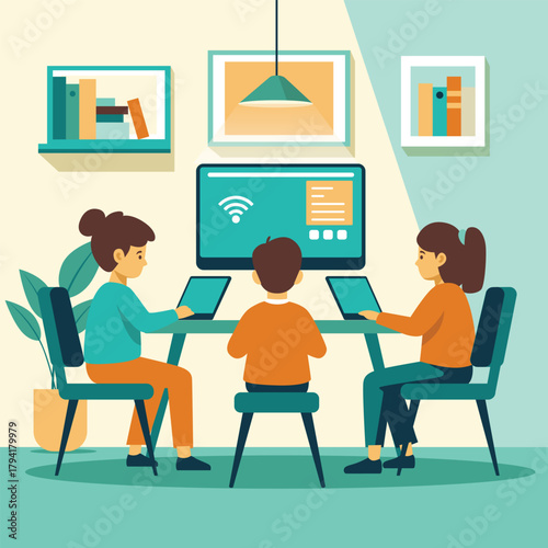 Children using tablets at a table with a screen playing together.