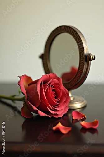 Red Rose with Petals Beside Round Vanity Mirror in Elegant Dramatic Still Life
