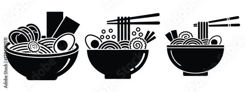 ramen bowl minimal flat icon set, black color and white background