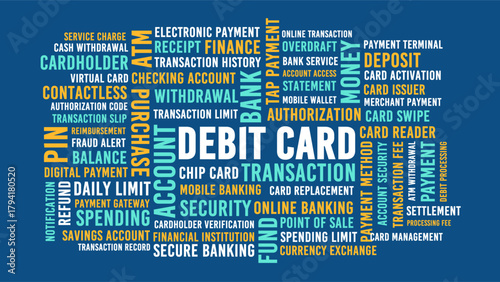 Debit card transaction word cloud, electronic payment and secure banking illustration