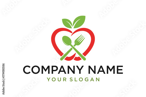 Healthy Food Logo Design with Apple Heart, Spoon, and Fork for Restaurant or Nutrition Business