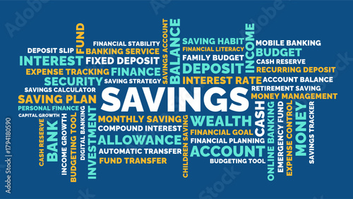 Savings Finance Investment Banking Blue Background Word Cloud Concept