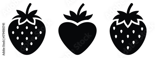 strawberry minimal flat icon set, black color and white background