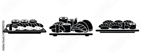 sushi platter minimal flat icon set, black color and white background