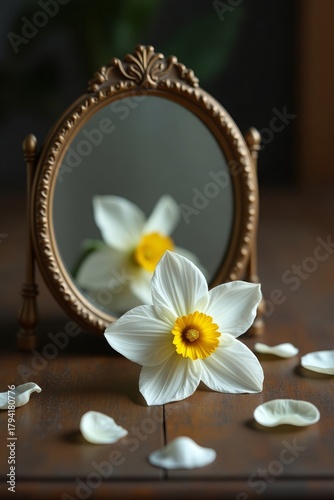 White Narcissus Flower with Soft Mirror Reflection and Delicate Petals on Wooden Surface