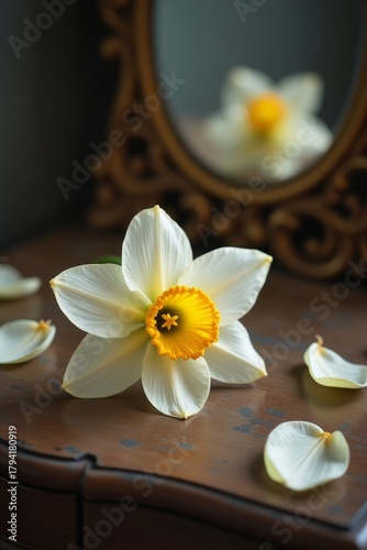 White Narcissus Flower with Soft Mirror Reflection and Delicate Petals on Wooden Surface
