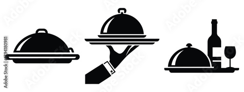 waiter tray minimal flat icon set, black color and white background