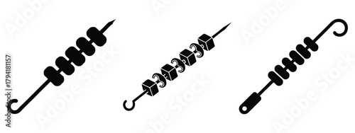 barbecue skewer minimal flat icon set, black color and white background
