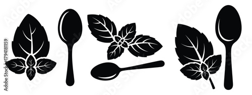 basil leaf minimal flat icon set, black color and white background