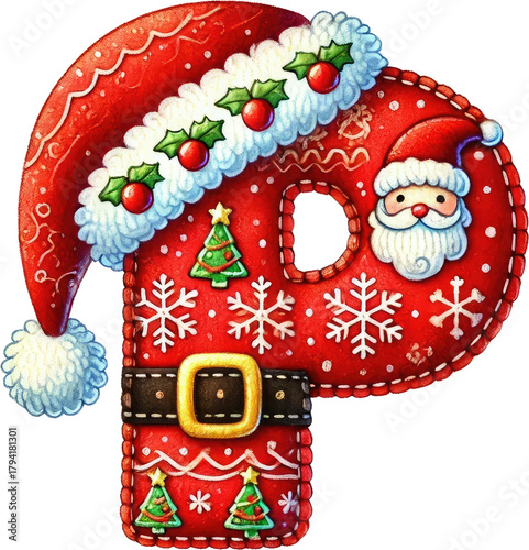 Christmas Alphabet P Watercolor Embroidery Letters and Numbers with Santa Hat Clipart for Decorative Holiday Crafts and Festive Design Projects. Accents for Seasonal Artwork, Cards and Printables 