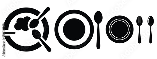 brunch plate minimal flat icon set, black color and white background