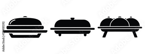buffet tray minimal flat icon set, black color and white background