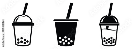 bubble tea minimal flat icon set, black color and white background