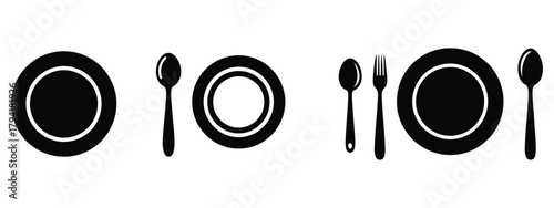 dinner plate minimal flat icon set, black color and white background