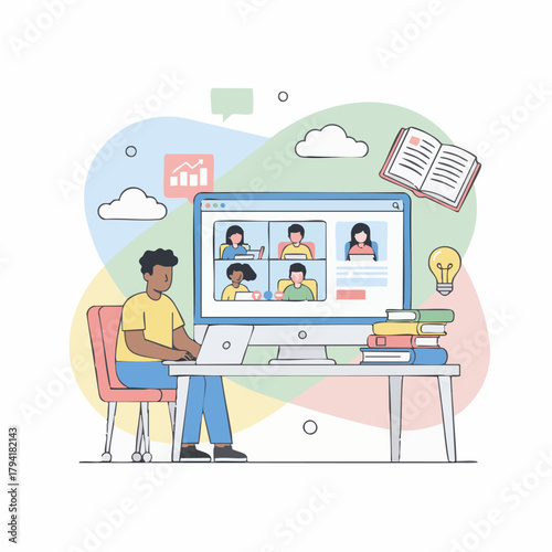 E-Learning Illustration
Flat-vector online education scene with student, computer screen, books, lightbulb icon, clean pastel palette, minimal style widely used in educational platforms and marketing.