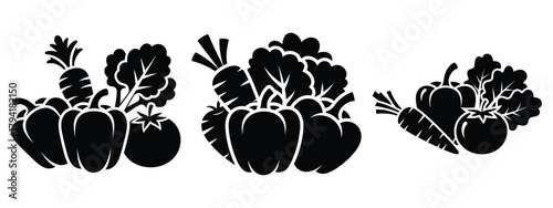 fresh vegetables minimal flat icon set, black color and white background