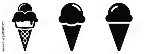 ice cream cone minimal flat icon set, black color and white background