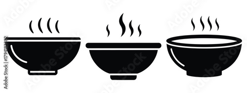 hot soup bowl minimal flat icon set, black color and white background